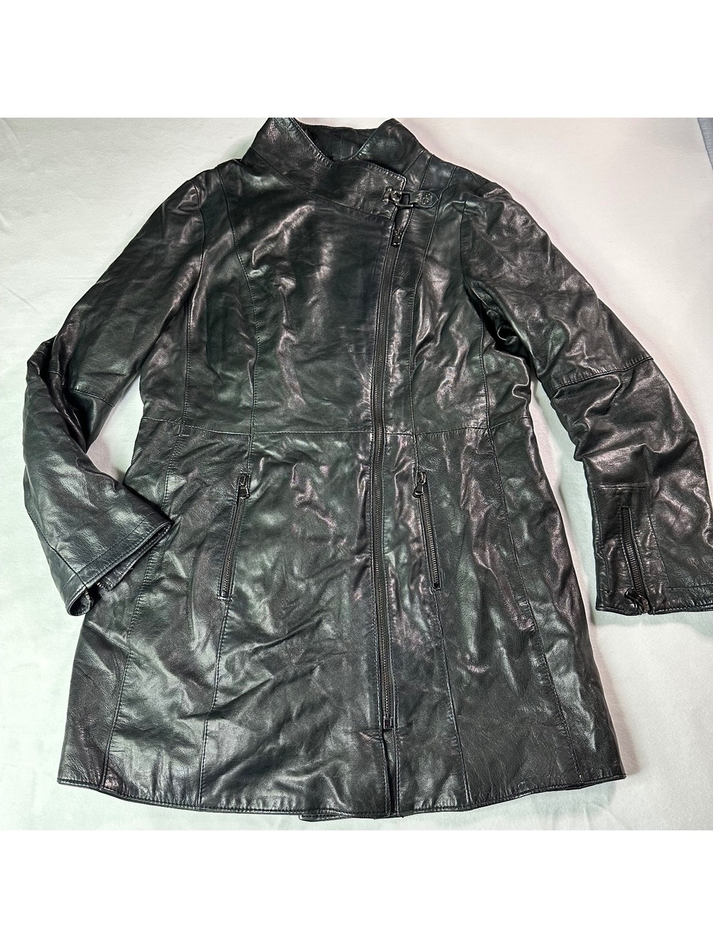 Eventi 1982 Made in Italy Leather Moto Jacket Coat Latch Neck Sz 52 / L